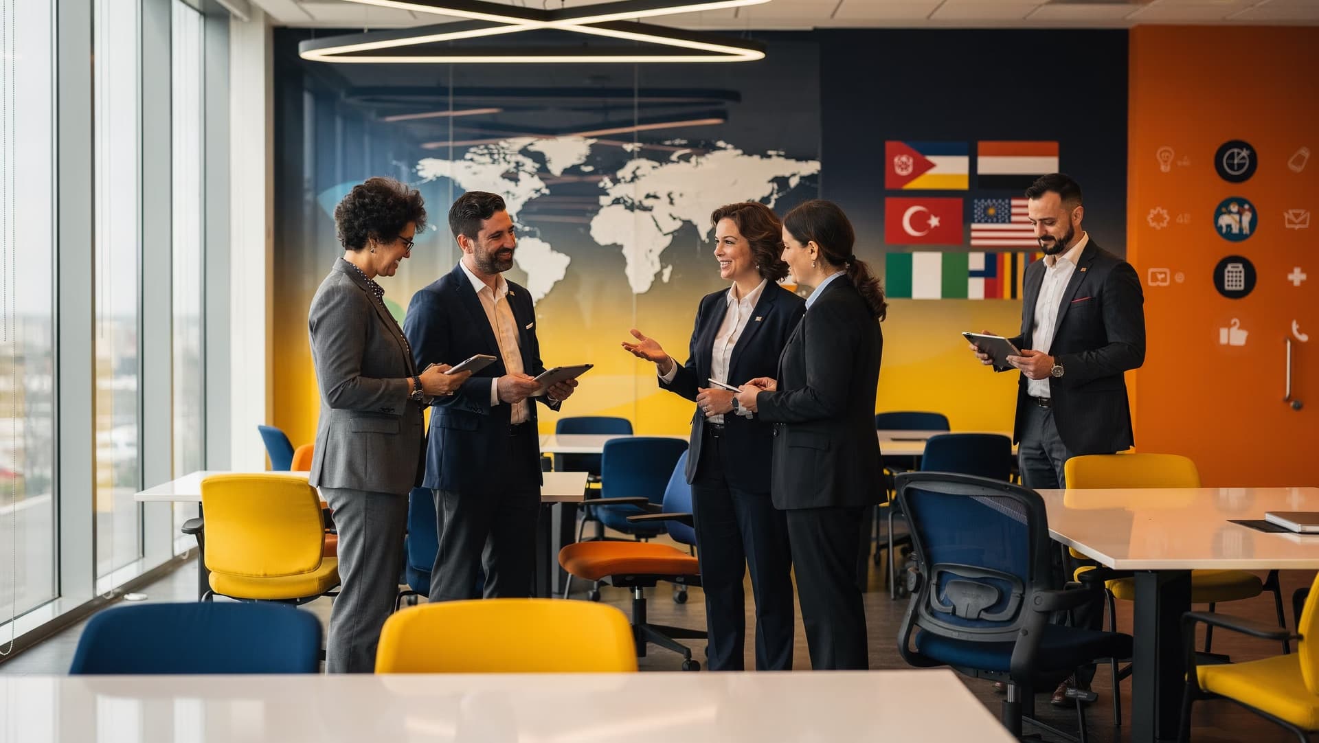 International educators collaborating in a modern office